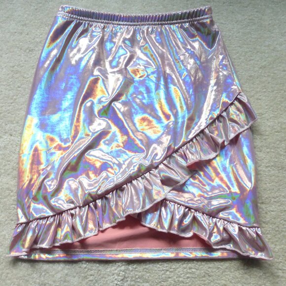 SHEIN pink shiny holographic ruffle mini skirt - Y2K style and festival ready! - Picture 1 of 10